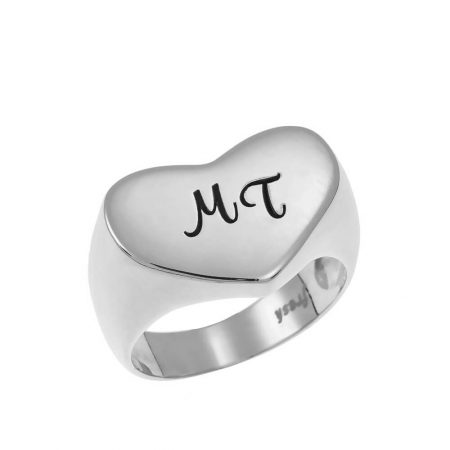 Two Initials Heart Signet Ring in 925 Sterling Silver