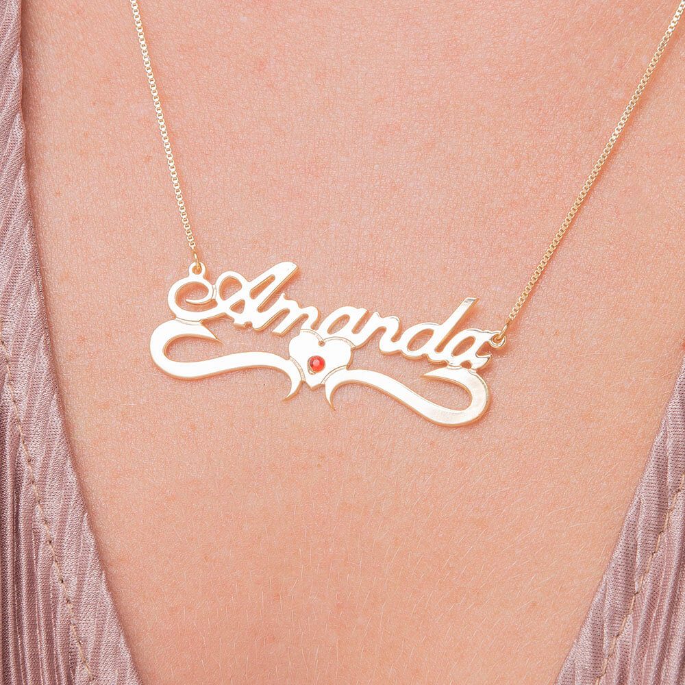 Middle Heart Name Necklace with Birthstone-2