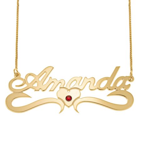 Middle Heart Name Necklace with Birthstone in 18K Gold Plating