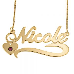 Classic Side Heart Box Name Necklace with Birthstone gold