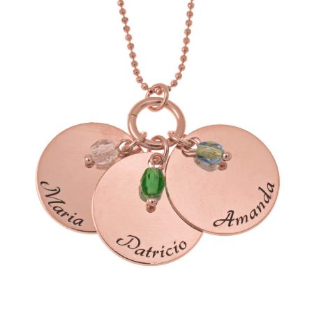 Mother's Three Disc and Birthstone Necklace in 18K Rose Gold Plating
