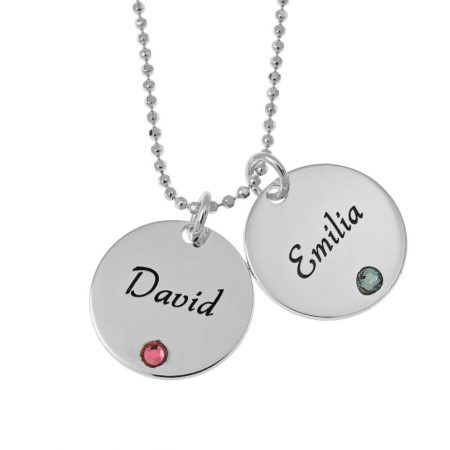 Mother's Two Disc and Birthstone Necklace in 925 Sterling Silver