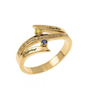 Engraved Two Birthstones Inlay Ring gold
