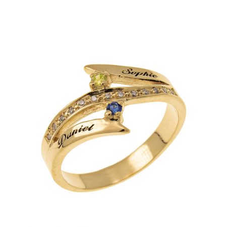 Engraved Two Birthstones Inlay Ring in 18K Gold Plating