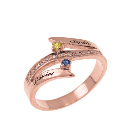 Engraved Two Birthstones Inlay Ring in 18K Rose Gold Plating