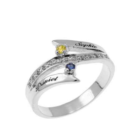 Engraved Two Birthstones Inlay Ring in 925 Sterling Silver