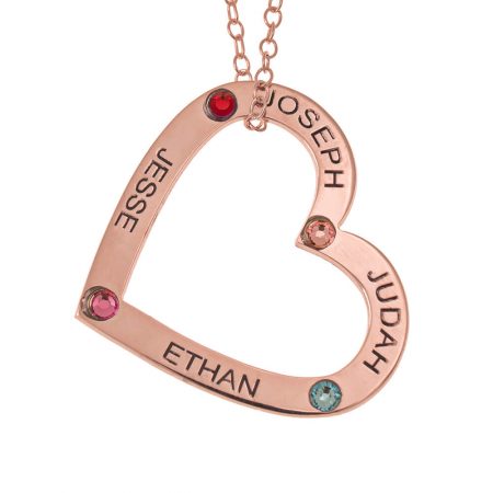 Personalized Family Heart Pendant with Names and Birthstones in 18K Rose Gold Plating
