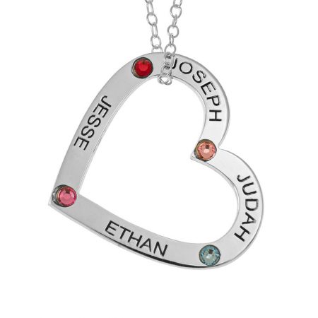 Personalized Family Heart Pendant with Names and Birthstones in 925 Sterling Silver