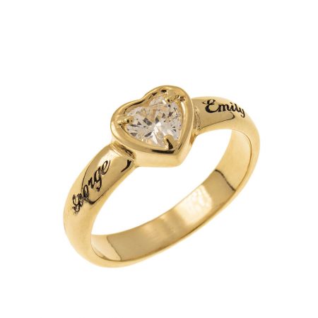 Gemstone Heart Promise Ring with Engraving in 18K Gold Plating