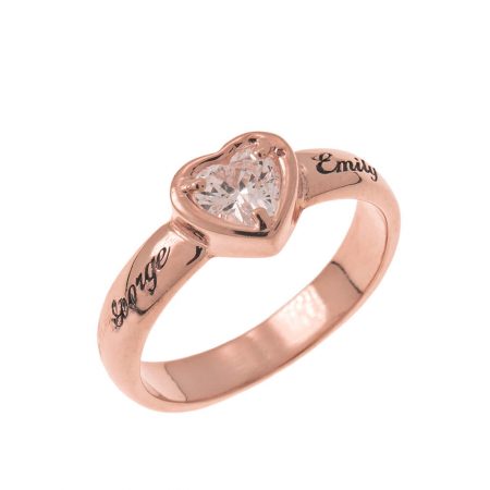 Gemstone Heart Promise Ring with Engraving in 18K Rose Gold Plating