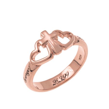 Hearts and Cross Promise Ring in 18K Rose Gold Plating