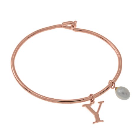 Initial Bangle with Pearl in 18K Rose Gold Plating