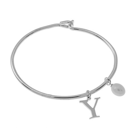 Initial Bangle with Pearl in 925 Sterling Silver
