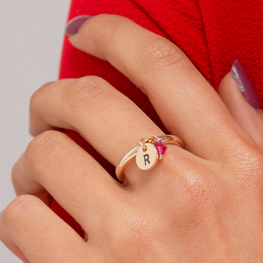 Initial Disc Charm Ring with Birthstone-2