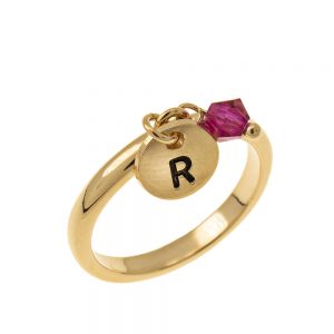 Initial Disc Charm Ring with Birthstone gold