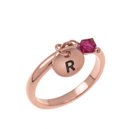 Initial Disc Charm Ring with Birthstone in 18K Rose Gold Plating