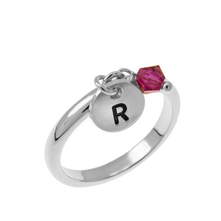 Initial Disc Charm Ring with Birthstone in 925 Sterling Silver