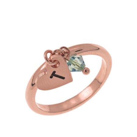 Initial Heart Charm Ring with Birthstone in 18K Rose Gold Plating