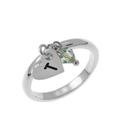 Initial Heart Charm Ring with Birthstone silver
