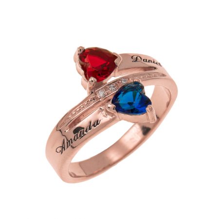 Inlay Double Heart Birthstone Promise Ring in 18K Rose Gold Plating