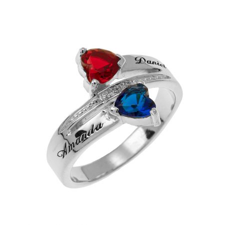 Inlay Double Heart Birthstone Promise Ring in 925 Sterling Silver