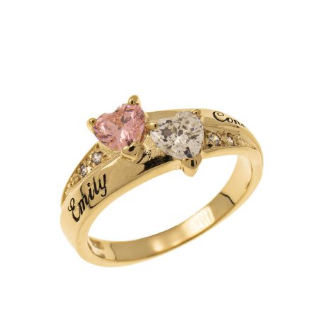 Inlay Double Heart Birthstone Ring in 18K Gold Plating