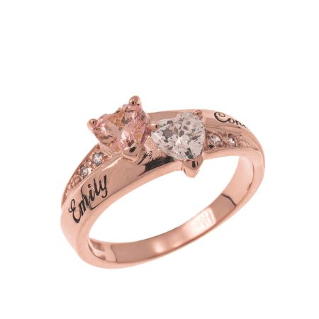 Inlay Double Heart Birthstone Ring in 18K Rose Gold Plating