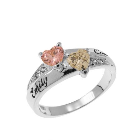 Inlay Double Heart Birthstone Ring in 925 Sterling Silver