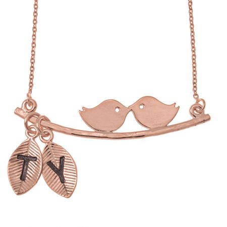 Love Birds Necklace With Leaves in 18K Rose Gold Plating