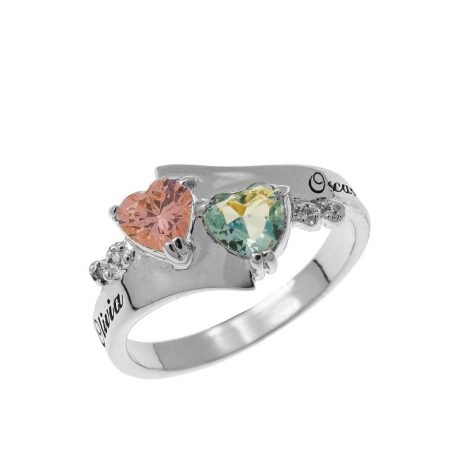 Promise Double Heart Birthstone Ring in 925 Sterling Silver