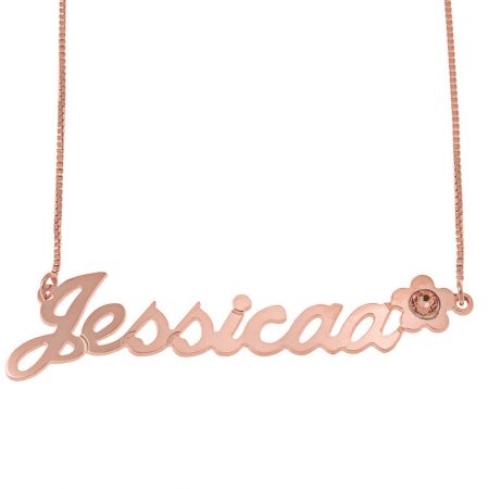 Jessica Name Necklace with Birthstone & Flower in 18K Rose Gold Plating