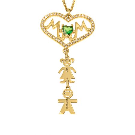 Mom Big Heart Necklace with CZ & Kids in 18K Gold Plating