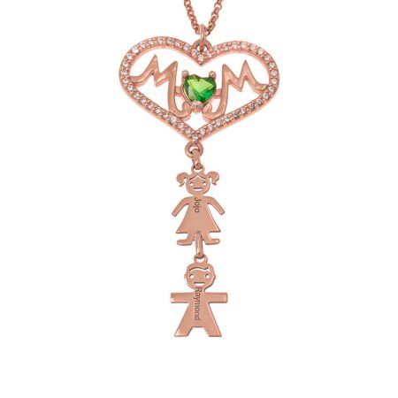 Mom Big Heart Necklace with CZ & Kids in 18K Rose Gold Plating