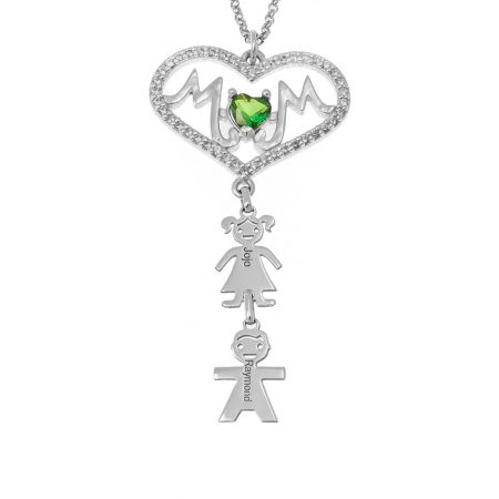Mom Big Heart Necklace with CZ & Kids in 925 Sterling Silver