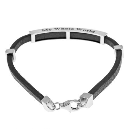 White Zircon Inlay Leather Bracelet for Men-2 in 925 Sterling Silver