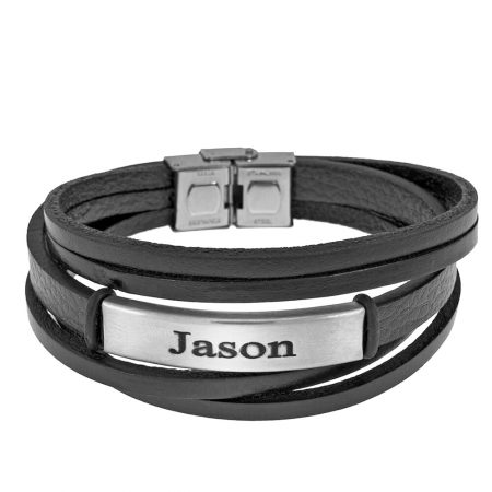 Black Leather Layers Bracelet with Engraving in 316 Stainless Steel