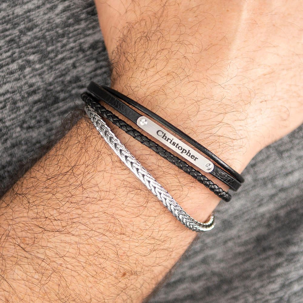 Braided Leather and Stainless Steel Bracelet for Men-5