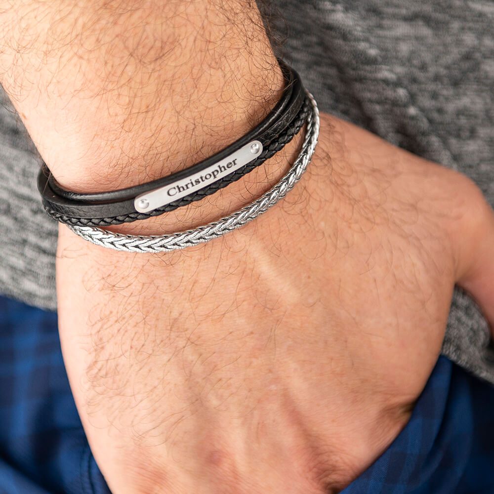 Braided Leather and Stainless Steel Bracelet for Men-4