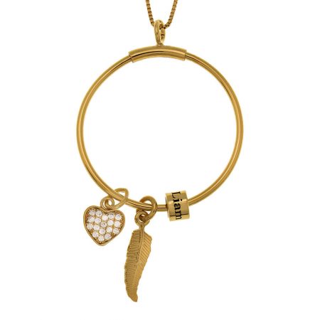 Circle Necklace with Name Beads, Feather and Inlay Heart-1 in 18K Gold Plating