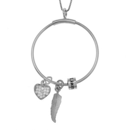 Circle Necklace with Name Beads, Feather and Inlay Heart-1 in 925 Sterling Silver