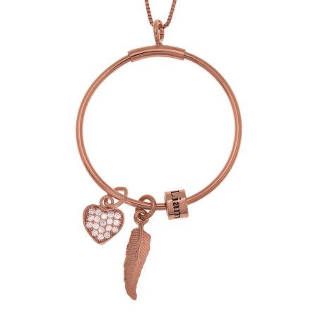 Circle Necklace with Name Beads, Feather and Inlay Heart-1 in 18K Rose Gold Plating
