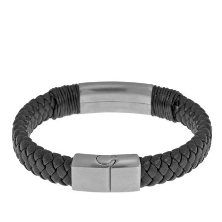 Engraved Black Leather Name Bracelet for Men-1 in 316 Stainless Steel