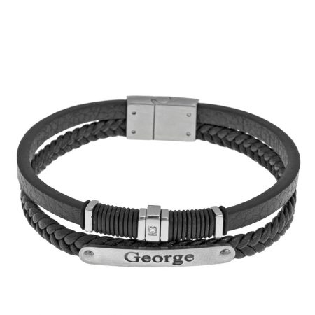 Inlay Black Leather Layers Bracelet in 316 Stainless Steel