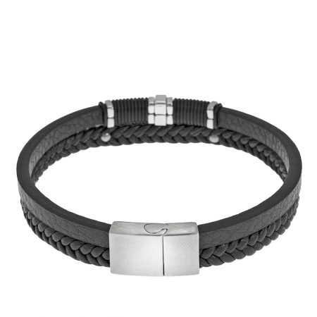 Inlay Black Leather Layers Bracelet-1 in 316 Stainless Steel