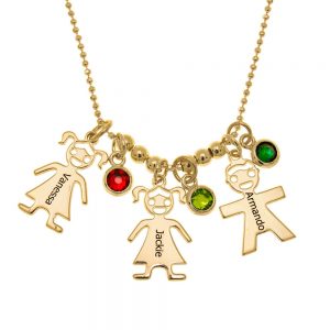 Mother’s Necklace with Children Charms and Birthstones gold