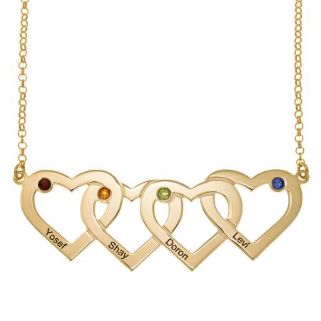 Personalized Four Intertwined Hearts and Birthstones Necklace in 18K Gold Plating
