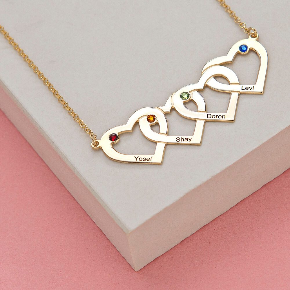 Personalized Four Intertwined Hearts and Birthstones Necklace-2