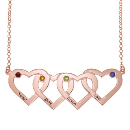 Personalized Four Intertwined Hearts and Birthstones Necklace in 18K Rose Gold Plating