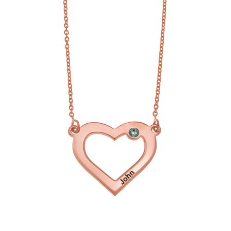 Engraved Heart and Birthstone Necklace in 18K Rose Gold Plating