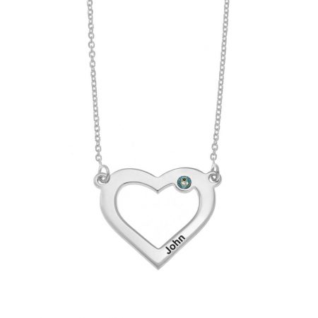 Engraved Heart and Birthstone Necklace in 925 Sterling Silver